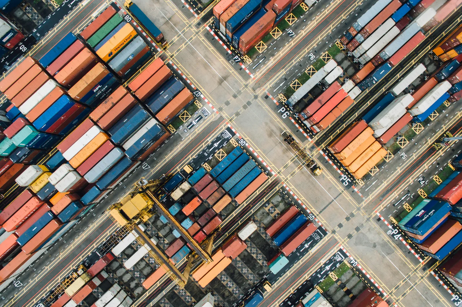 Aerial view of shipping containers at distribution center